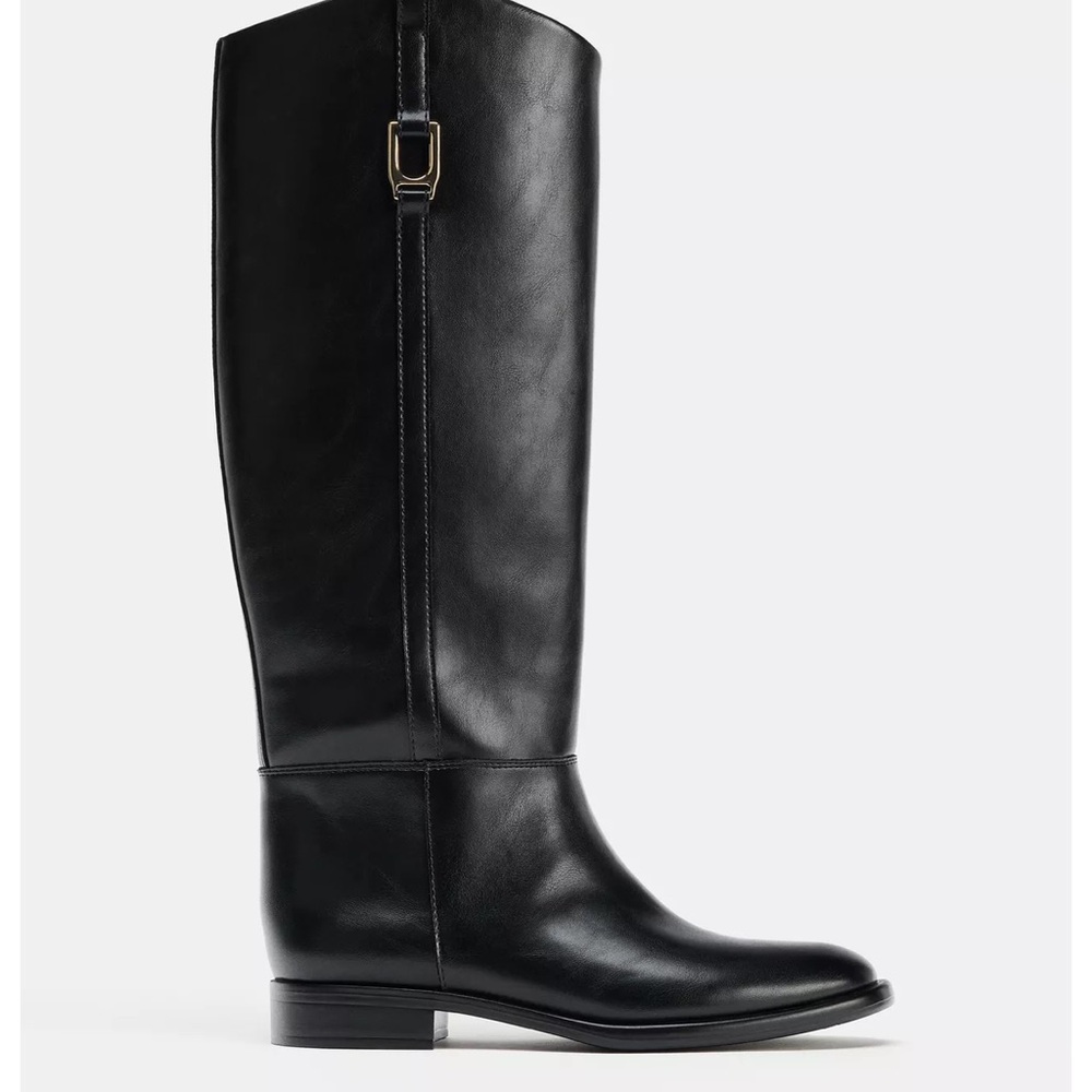 Zara Black Knee-High Leather Riding Boots with Gold Buckle